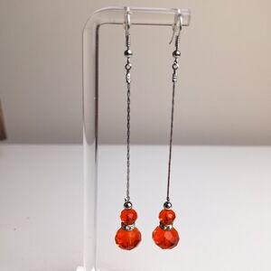Sparkly Dangle Earrings Silvertone Chains Faceted Orange Beads And Rhinestones